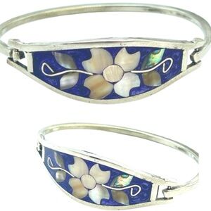 Vintage Silver Mother of Pearl Floral Hinged Bangle Bracelet Mexico 925 Sterling